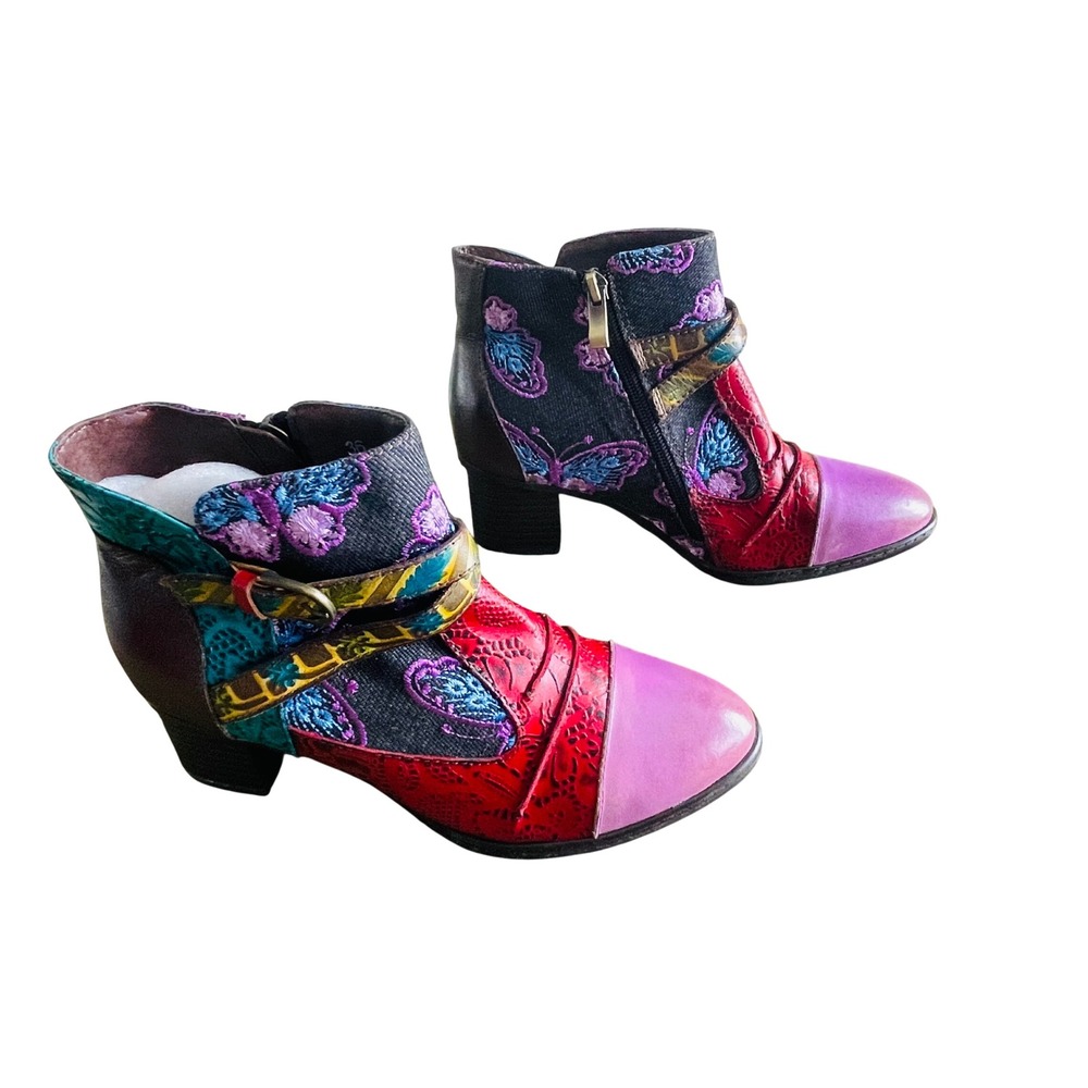 Socofy Patchwork Butterfly Embroidered Ankle Boot… - image 3
